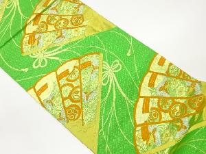 檜扇に草花・鶴・鳳凰模様織出しリバーシブル全通袋帯